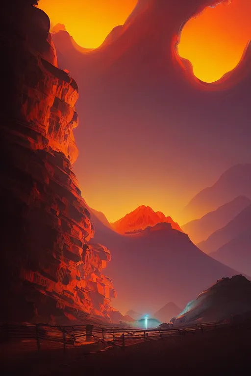 Image similar to big tibetan temple glowing orange in canyon, lightstreaks and planets in the sky, dramatic lighting, artstation, matte painting, ralph mcquarrie, simon stalenhag