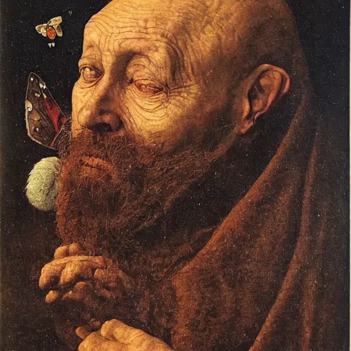 Image similar to close up portrait of a dying old man with moth. night with stars. jan van eyck