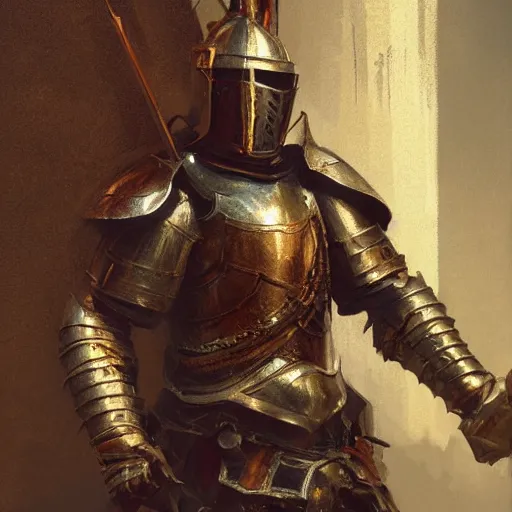 Prompt: full body portrait of a knight armour, highly detailed painting by gaston bussiere, craig mullins,, 8 k, mid shot, octane render, cinematic, chiaroscuro, unreal engine, concept art