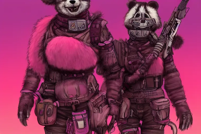 Image similar to a good ol'pink panda girl fursona ( from the furry fandom ), heavily armed and armored facing down armageddon in a dark and gritty version from the makers of mad max : fury road. witness me.