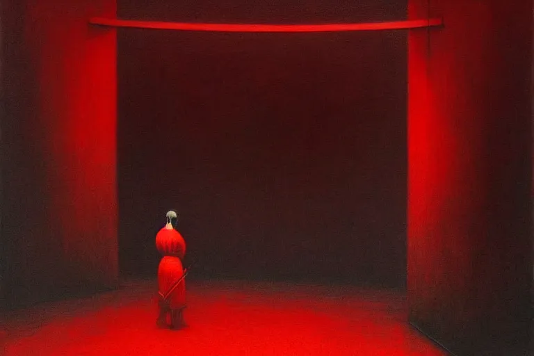 Image similar to only with red, a red samurai harakiri, tokio, a lot of frogs watch, in the style of beksinski, parts by edward hopper, parts by rodcenko, parts by yue minjun, intricate and epic composition, red by caravaggio, insanely quality, highly detailed, masterpiece, red light, artstation, 4 k