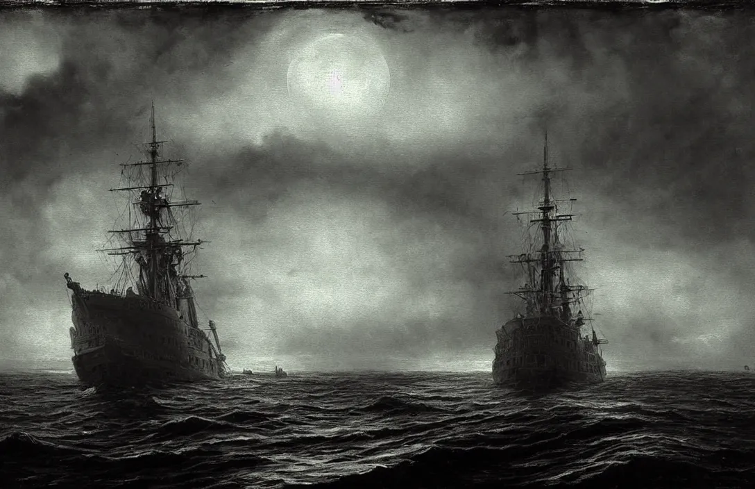 Image similar to excellent gesture and form ship ever further out to sea intact flawless ambrotype from 4 k criterion collection remastered cinematography gory horror film, ominous lighting, evil theme wow photo realistic postprocessing render by christopher soukup fusing a dream world of imagination with closely observed reality photograph by ansel adams painting by victor vasnetsov