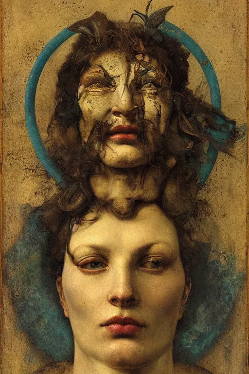 Image similar to the face of wisdom by roberto ferri, by Godward, by austin osman spare, blue and yellow lighting, intrincate details, non euclidian composition, ornatements flourishing, decaying flowers background texture, unnerving atmosphere