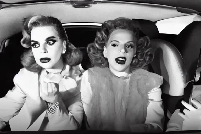 Prompt: lady gaga and judy garland doing carpool karaoke, lady gaga and judy garland, carpool karaoke, lady gaga, judy garland, carpool karaoke, youtube video screenshot, the late late show with james cordon