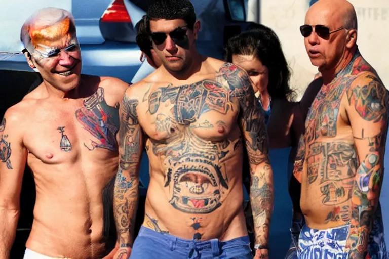 Prompt: shirtless biden with tatoos, latino, thug life, high quality, lowriders, 40oz