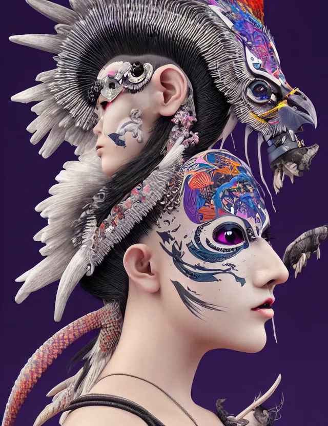 Image similar to 3 d goddess close - up profile portrait punk with mohawk with ram skull. beautiful intricately detailed japanese crow kitsune mask and clasical japanese kimono. betta fish, jellyfish phoenix, bio luminescent, plasma, ice, water, wind, creature, artwork by tooth wu and wlop and beeple and greg rutkowski