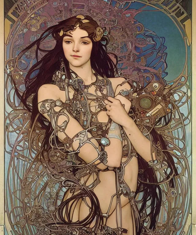 Image similar to realistic detailed portrait of a humanoid mecha cyberpunk! goddess by Alphonse Mucha and Charlie Bowater and art germ, rule of thirds, golden ratio, Art Nouveau! cyberpunk! style, mechanical accents!, mecha plate armor, glowing LEDs, flowing wires with leaves, art nouveau accents, art nouveau patterns and geometry, circuit patterns, rich deep moody colors, portrait style with the subject in the middle of the frame