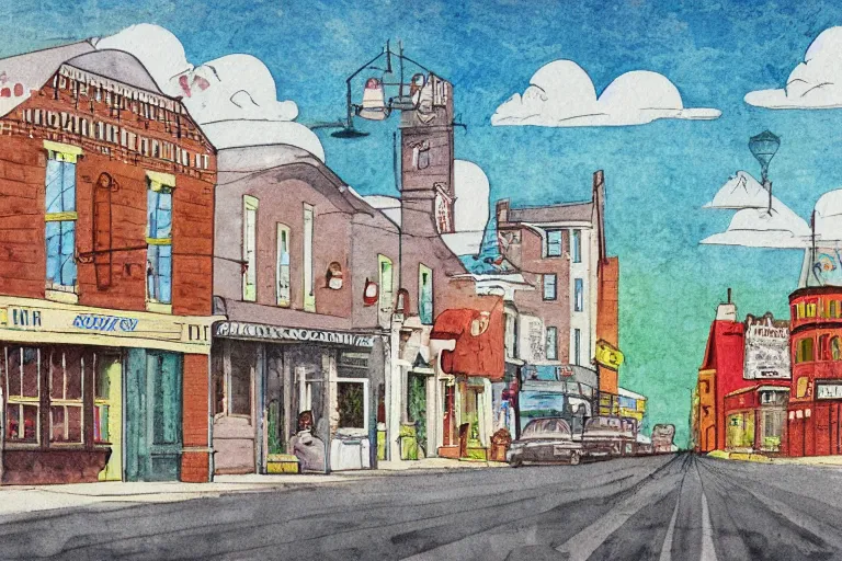 Prompt: a whimsical storybook illustration of a small town main street from the 1 9 5 0 s with a line of brick buildings with business signs over the doors and some late 1 9 5 0 s cars on the road in front of the buildings, lowbrow pop art style watercolor,