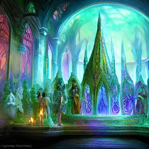 Prompt: Photorealistic magic elven shrine of the elf goddess. Hyperdetailed photorealism, 108 megapixels, amazing depth, glowing rich colors, powerful imagery, psychedelic Overtones, 3D finalrender, 3d shading, cinematic lighting, artstation concept art