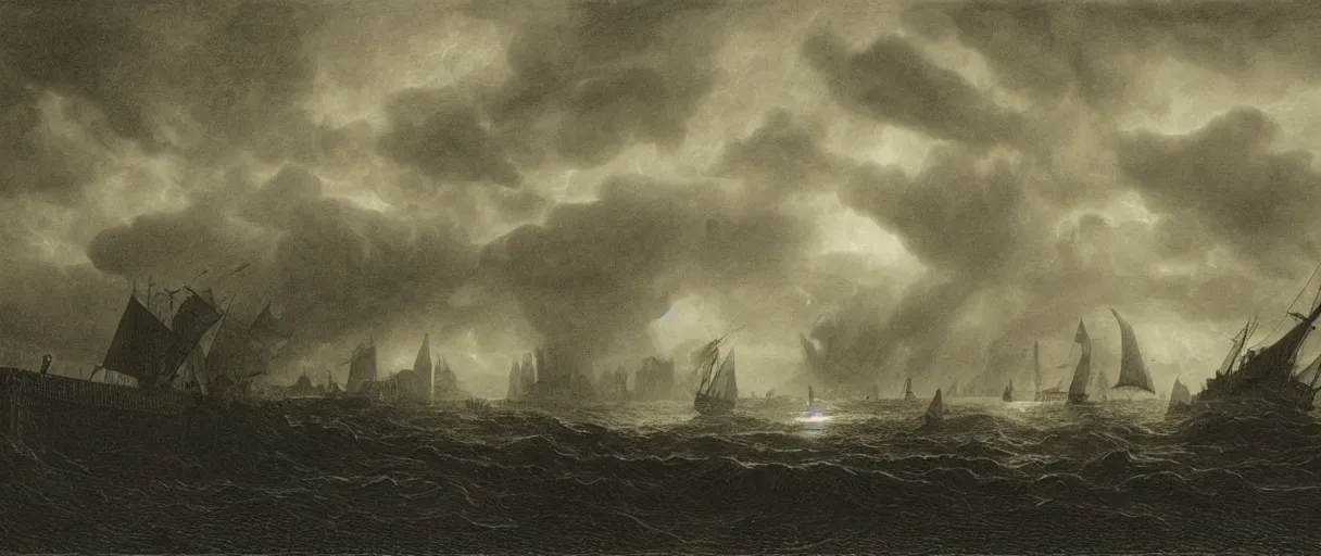 Image similar to an engraving portrait of dagon, caspar david friedrich, foggy, depth, strong shadows, stormclouds, illuminated focal point, highly detailed