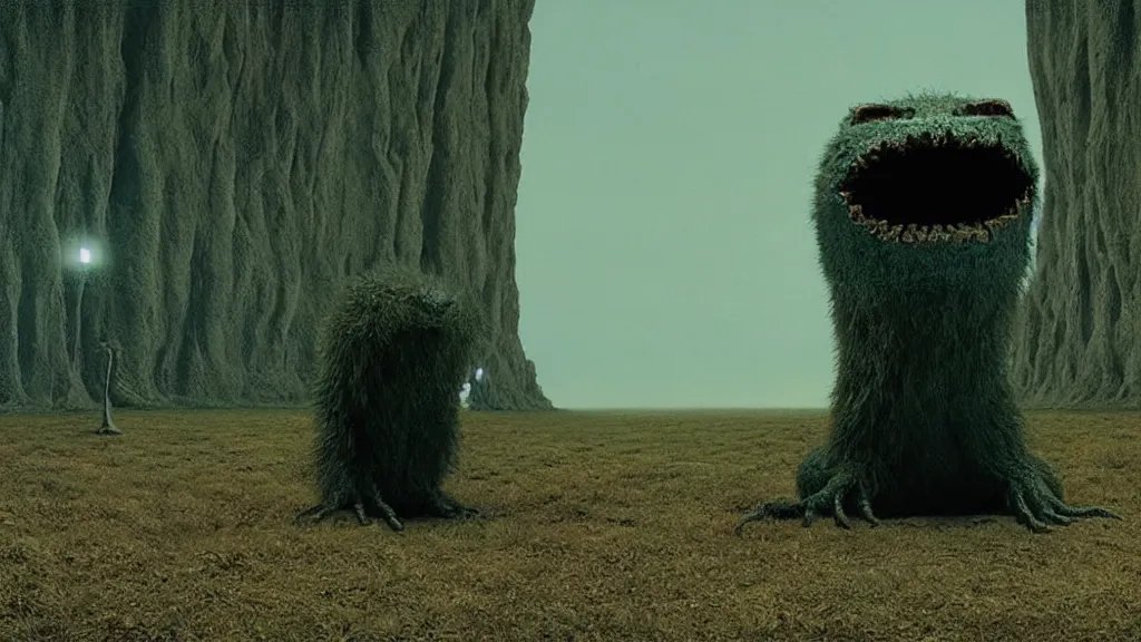 Prompt: a television sits directly in front of the viewer, a strange creature peaks out from behind, film still from the movie directed by Denis Villeneuve with art direction by Zdzisław Beksiński, wide lens