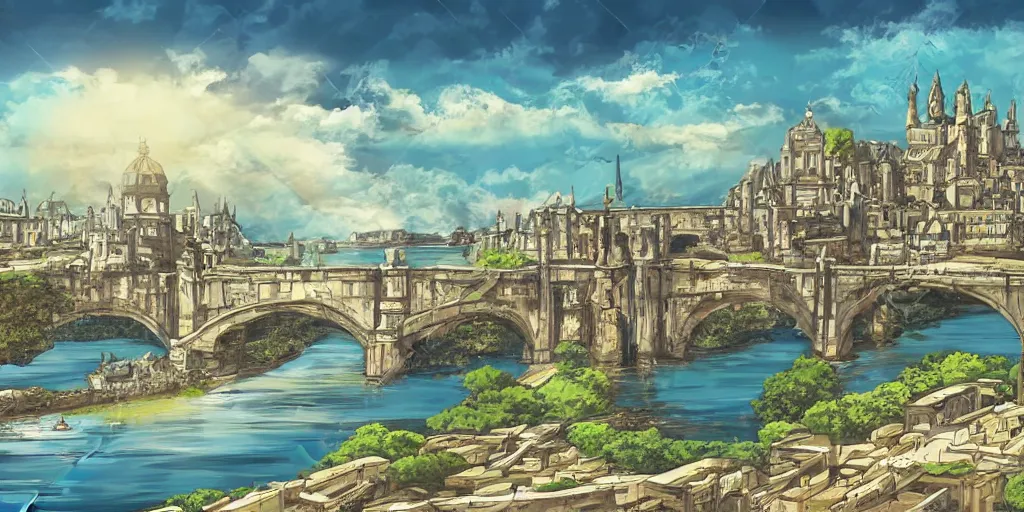 Image similar to Illustration, single long narrow huge ancient city on a narrow sky high bridge, over water, really long, all buildings on bridge, tall arched bridge