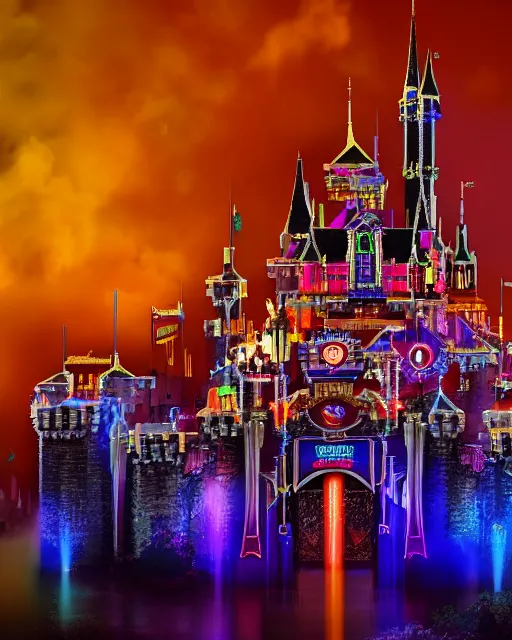 Image similar to Hyper realistic photo of a cyberpunk Disneyland castle at night, fireworks in the sky