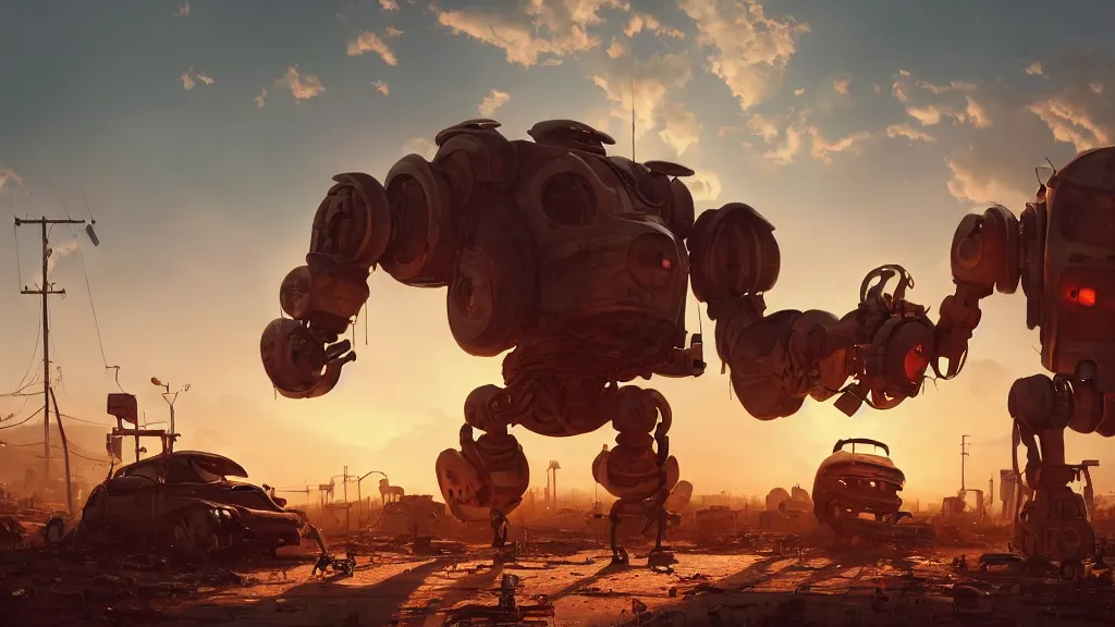 Image similar to a Photorealistic hyperrealistic render of a Robot Junkyard by PIXAR,Greg Rutkowski,WLOP,Artgerm,dramatic moody sunset lighting,long shadows,Volumetric, cinematic atmosphere, Octane Render,Artstation,8k