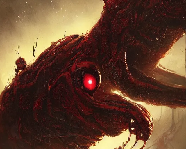 Image similar to spider - like alien creature, red, eyes growing on creature ; high detailed artwork by greg rutkowski ; sci - fi, detailed, scary, dangerous