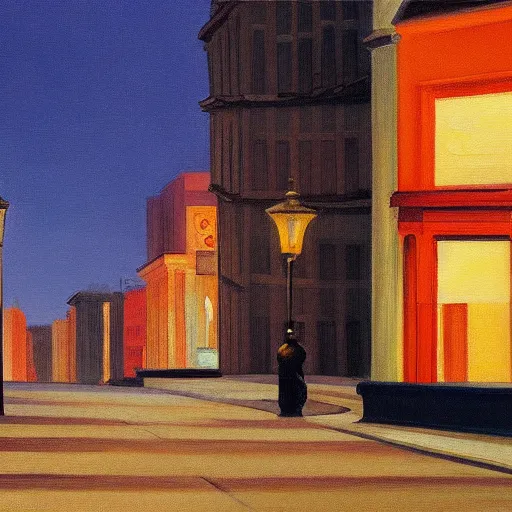 Prompt: a painting of an empty city at night with street lights, in the style of Edward Hopper, 4k,