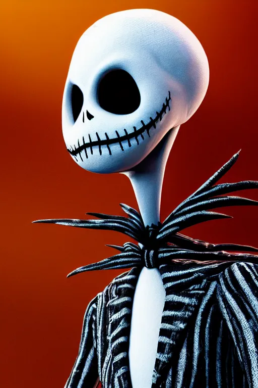 Prompt: a portrait of jack skellington, nightmare before christmas setting, dynamic pose, close - up, intricate details, intricately detailed clothing, intricate textures, warm lighting, vivid colors, smoke and mist, realistic octane render, hyper realistic render, volumetric shading, depth of field, raytracing, 8 k,