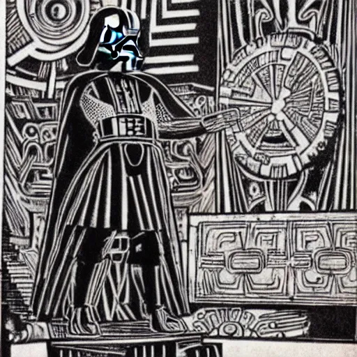 Image similar to ancient aztec art of darth vader inspecting the death star