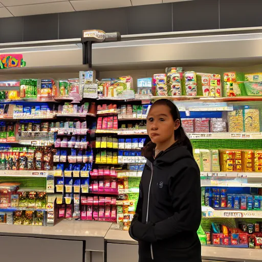 Image similar to Vision superhero working as a 7/11 cashier, wide wide shot, very detailed, hdr photograph, beautiful lighting