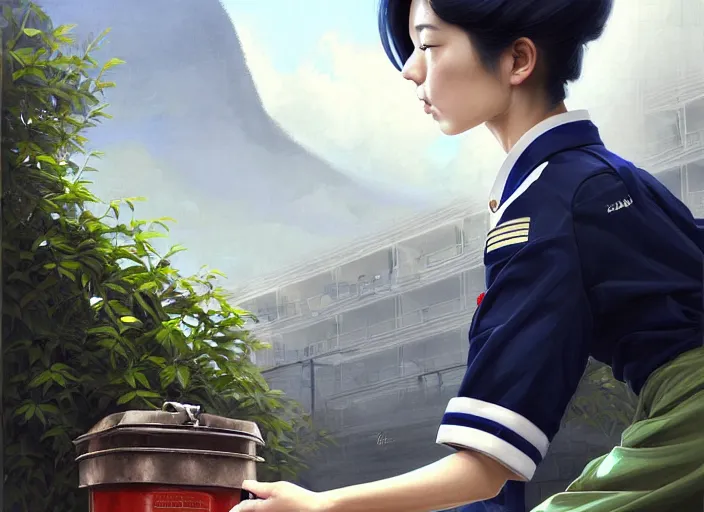 Image similar to portrait of an Italian Japanese young woman school with short hair wearing a navy and white sepuku uniform and jumping outside a green trashbin in Kalakaua avenue in Waikiki, intricate, elegant, highly detailed, centered, digital painting, artstation, concept art, smooth, sharp focus, illustration, by Peter Mohrbacher, WLOP