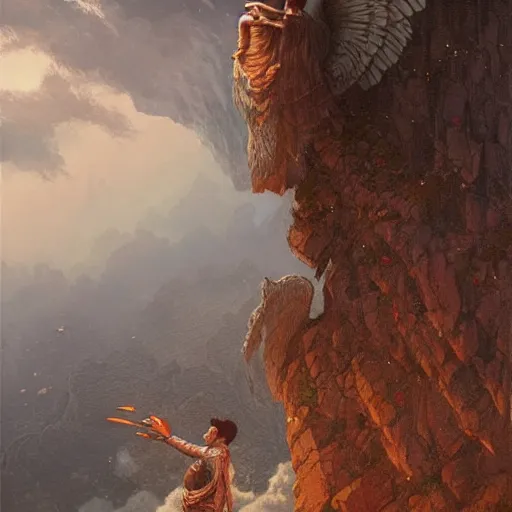 Image similar to angel protecting man falling from a cliff, detailed intricate ink illustration, happy atmosphere, detailed illustration, hd, 4k, digital art, overdetailed art, by greg rutkowski, by loish, complementing colors, Trending on artstation, movie poster style