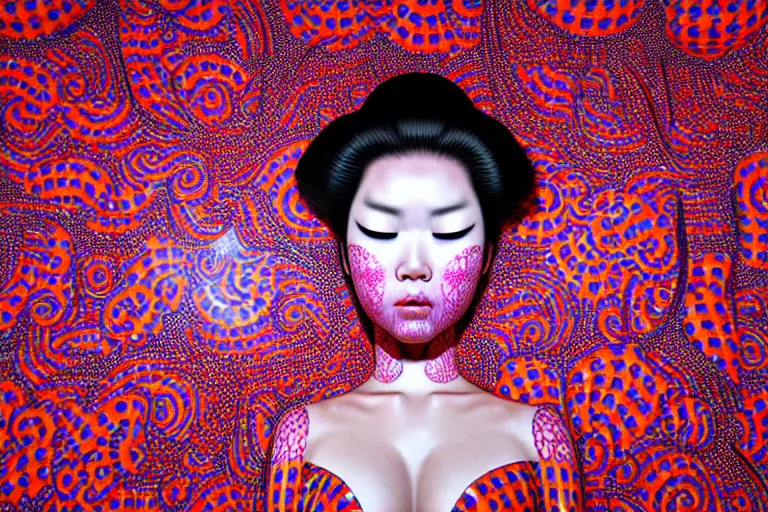 Image similar to realistic detailed image of a geisha laying down in a padded room, conjuring psychedelic background, part by yayoi kusama, part by alex gray, part by ross tran, part by james jean, ultra realistic, highly detailed, life like face, detailed body, 8 k, octane render, trending on artstation, very cohesive, masterpiece