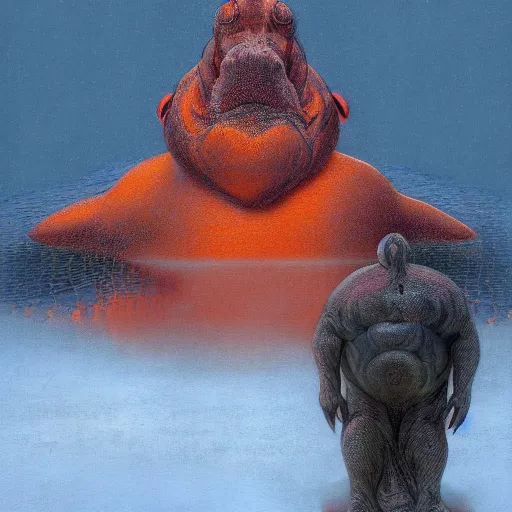 Image similar to anthropomorphic hippopotamus humanoid in orange robes by wayne barlowe, water temple, winter, fantasy