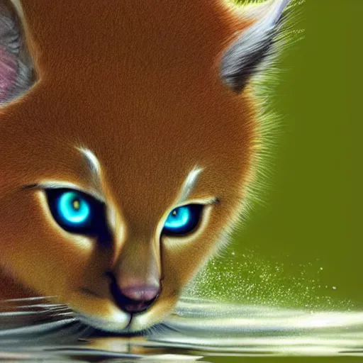 Prompt: hyperrealistic post - classical cinematic very expressive! cute fluffy caracal, body in water, mirror dripping droplet!, digital art masterpiece, smooth cam de leon eric zener dramatic pearlescent teal light, ground angle uhd 8 k, sharp focus