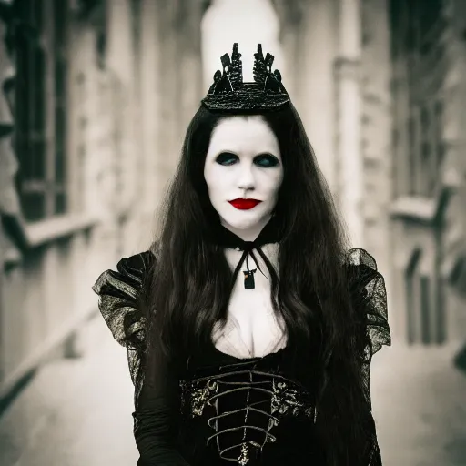 Image similar to A beautiful portrait of a lady vampire, victorian, dracula, ominous, depth of field, 85mm lens, bokeh, irwin penn, high definition, soft light