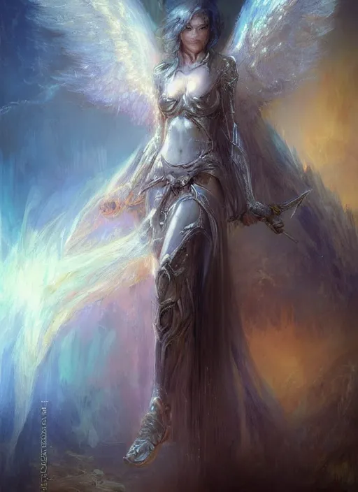 Image similar to concept art, angel knight girl. by artstation trending, by joseph mallord william turner, luis royo, konstantin razumov, cinematic lighting, fractal flame, highly detailed