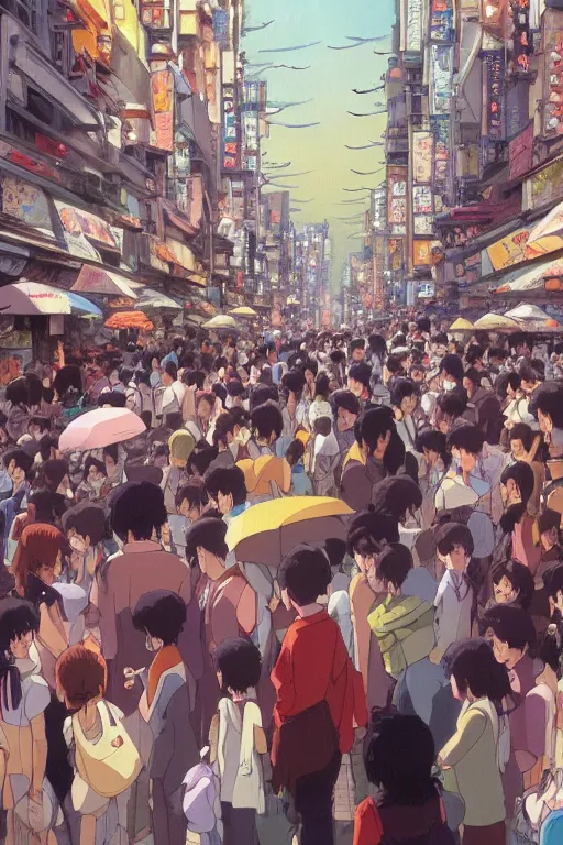 Image similar to Still from Studio Ghibli movie 'Lost in Crowded Tokyo', very detailed, focused, oil painting, colorful, canvas, artstation, Antoine Pierre Mongin