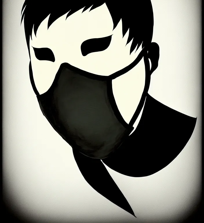 Prompt: white man with black fabric mask, short dark hair, true anatomy!, digital painting, art by hayao miyazaki