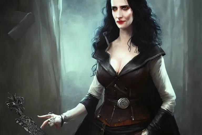 Prompt: A full body portrait of Eva Green as Yennefer from the Witcher 3 Game doing magic by Ruan Jia and Mandy Jurgens and Artgerm and william-adolphe bouguerea, highly detailed, trending on artstation, award winning, H 768