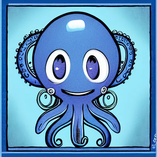 Prompt: character design of an adorable baby faced alien with tentacles on the sides of it's mouth, blue, tiny horns