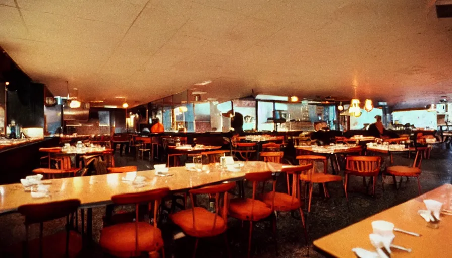 Image similar to 70s movie still of a restaurant , cinestill 800t Technicolor, heavy grain, high quality, criterion collection, liminal space style