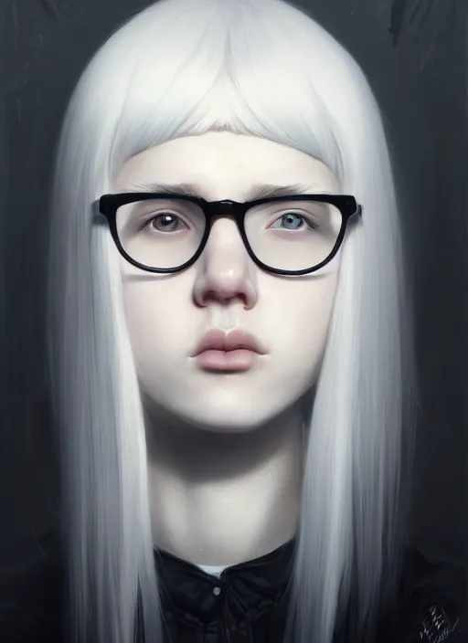 Prompt: portrait of teenage girl, normal face, white bangs, mall goth, white hair, bangs, grey contacts, black rimmed glasses, sad expression. intricate, elegant, highly detailed, digital painting, artstation, concept art, sharp focus, smooth, illustration, art by wlop, mars ravelo and greg rutkowski