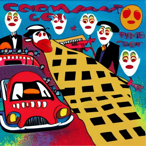 Prompt: clown car crash, album cover