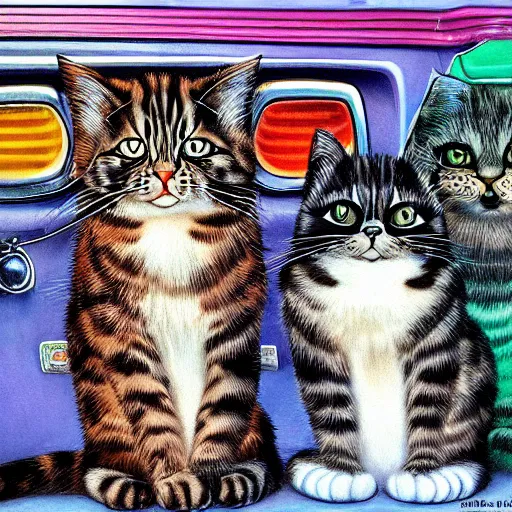 Prompt: A group of photogenic cats at a car wash by Louis Wain, trending on artstation