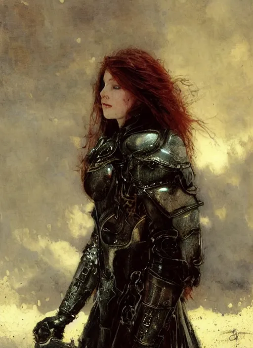 Prompt: young mischievous redheaded woman wearing black medieval armour, detailed, by gaston bussiere, bayard wu, greg rutkowski, giger, maxim verehin, greg rutkowski, masterpiece, sharp focus, cinematic lightning