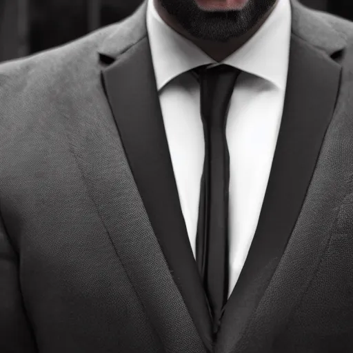 Image similar to full shot photograph of a black suit with a black shirt and silver tie, photorealistic photograph cinematic lighting intricate detailed 8 k resolution