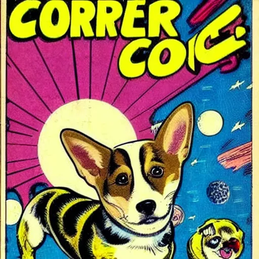 Prompt: vintage marvel comic featuring a superhero corgi puppy in outer space, strong lines, vivid colors, dynamic composition, intense, bold, cinematic