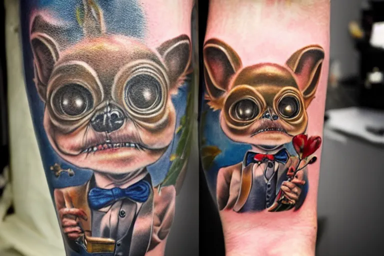 Image similar to a realistic tattoo of gizmo from the movie gremlins wearing a wedding suit and looking happy. neo modern tattoo school, tattoo, dslr