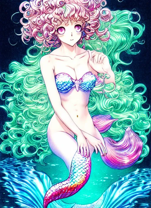 Image similar to manga of beautiful mermaid girl, curls hair, rococo ruffles dress, pastel rainbow, pearlescent, shimmering, reflective, rim light, detailed background, by takeshi obata, katsuhiro otomo, takato yamamoto, illustration, dark fantasitc, artstation, concept art, highly detailed, colorful, maximalist