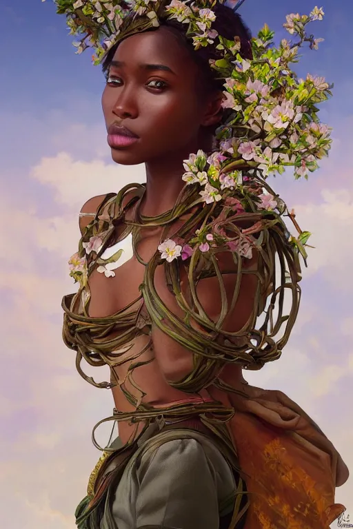 Image similar to ultra realistic illustration, a beautiful swahili girl with flowers blossoming from helmet, elegant, highly detailed, digital painting, concept art, smooth, sharp focus, illustration, art by artgerm and greg rutkowski and alphonse mucha