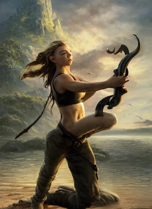 Image similar to Natalie Dormer as Lara Croft as a ruggedly handsome heroine kneeling next to a glowing artifact lodged in shallow water, intricate, elegant, highly detailed, artstation, concept art, smooth, sharp focus, illustration, bokeh art by artgerm and donato giancola and Joseph Christian Leyendecker, WLOP, fireflies
