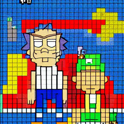 Prompt: Rick and Morty as characters in SNES Super Mario Bros, pixelated, 8bit