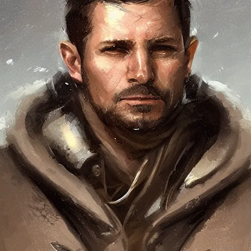 Image similar to Portrait of a man by Greg Rutkowski, he is about 40 years old, english pirate features, attractive, military composure, short brown hair, chilean, father image vibes, he is wearing futuristic military fatigues, highly detailed portrait, digital painting, artstation, concept art, smooth, sharp foccus ilustration, Artstation HQ.