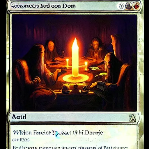 Prompt: a seance in a dark room with a white glow around a center table, fantasy art, magic : the gathering