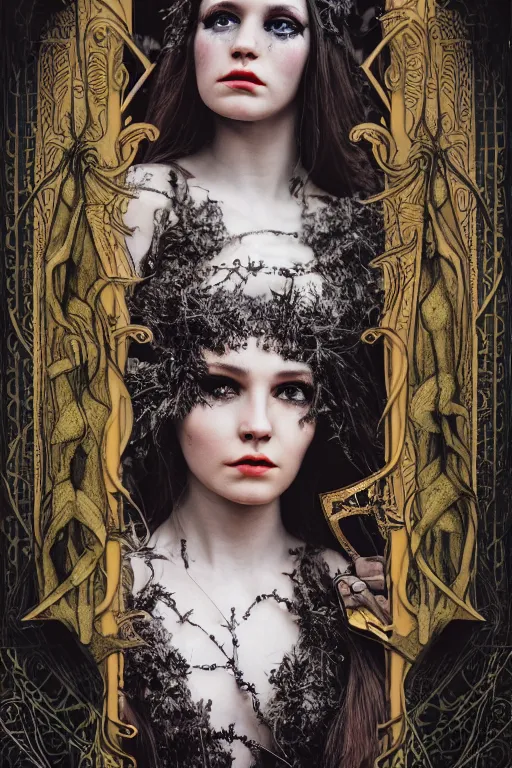 Image similar to Cinestill 50d, 8K, highly detailed, major arcana H.R Giger art nouveau nightmare Agnieszka Lorek tarot star card style 3/4 closeup portrait, eye contact, focus on model, tilt shift background: famous major arcana tarot remake, transformation scene