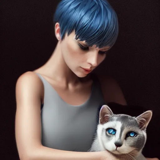 Prompt: A beautiful woman with blue short hair with bangs holding a grey and white cat, full body by Cedric Peyravernay, highly detailed, excellent composition, dramatic lighting, realistic 4k